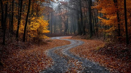 Fototapeta premium Forest path, autumn colors, winding road, fallen leaves, misty atmosphere, bare trees, dappled sunlight, moody landscape, golden foliage, forest depth, ethereal lighting, serene nature scene, curved 