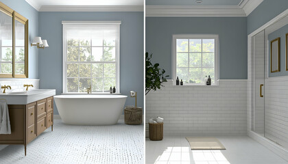 A detailed before-and-after AI-generated illustration showing a bathroom transformation after repairs and updates AI Generated