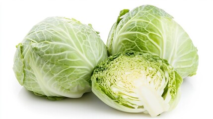 Obraz premium Halved Fresh Green Cabbage on White Background