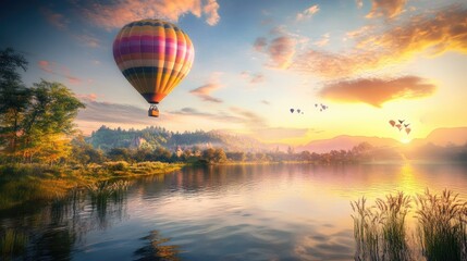 Fototapeta premium Hot Air Balloon Ascending Over Serene Lake at Sunset