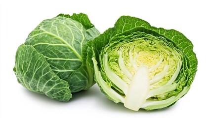Fototapeta premium Halved Green Cabbage on Clean White Surface - Nutritious Vegetable Produce for Healthy Lifestyle