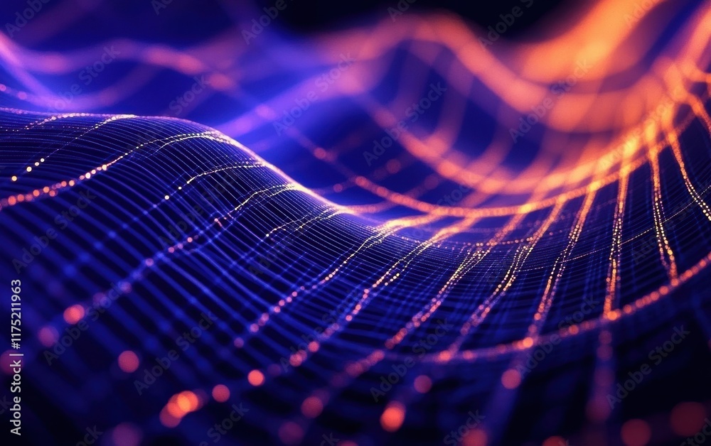 Poster vibrant abstract wave of glowing particles, creating an intriguing visual pattern of light and motio
