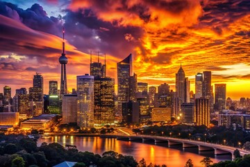 Obraz premium Silhouette of City Skyline, Australian City at Sunset, Dramatic Urban Landscape