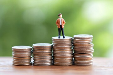 A miniature figure stands triumphantly on stacked coins, symbolizing financial success and investment growth.