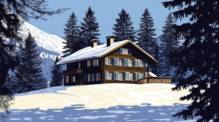 Charming Wooden House Surrounded by Snowy Trees in Winter Landscape