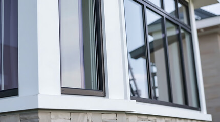 Close-up view of a modern window installation.  Features white window frames, black window panes, and a light gray stone base.  The windows reflect a portion of another building.