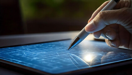 Close-up of a hand using a stylus on a tablet displaying a complex digital interface.  The screen shows a network or blueprint design. Ideal for tech, design, or innovation concepts.  Use for