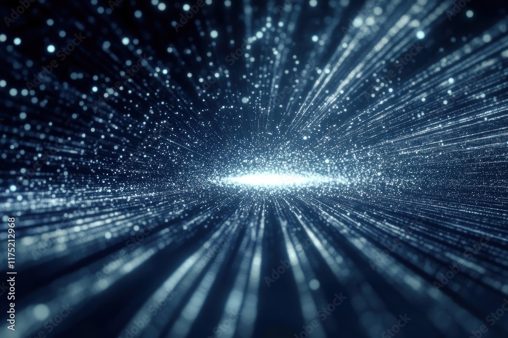 Poster abstract of light beams scattering in space, creating a dynamic sense of movement and depth.