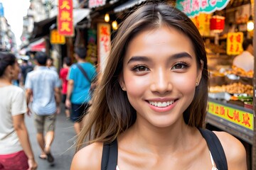 Young Asian woman walking in Asian street food with copy space