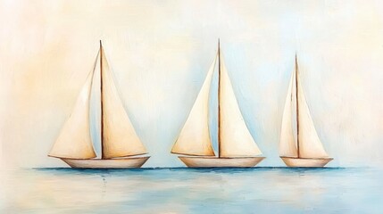 Naklejka premium Serene Afternoon with Three Elegant Sailboats Gliding Across the Calm Water Surface