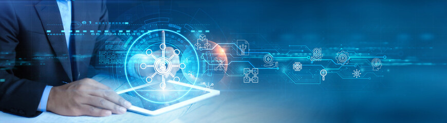 Businessman holding and using a digital tablet device with Decentralized Finance (DeFi) applications, blockchain-powered financial services, peer-to-peer transactions, smart contracts, cryptocurrency.