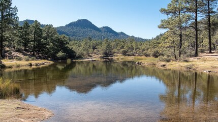 Obraz premium Calm Mountain Lake Reflecting Trees And Sky