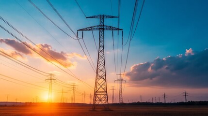 Fototapeta premium Glowing Power Grid at Dramatic Sunrise or Sunset with Cloudy Sky