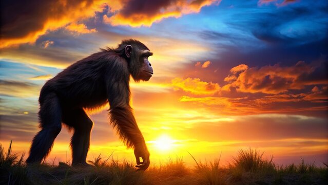 Silhouette of Dryopithecus Ape at Dawn, Prehistoric Primate Silhouette