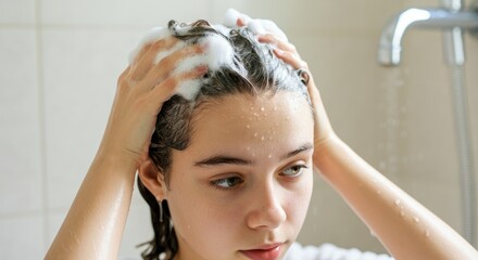 Naklejka premium Young woman washing hair with shampoo in shower