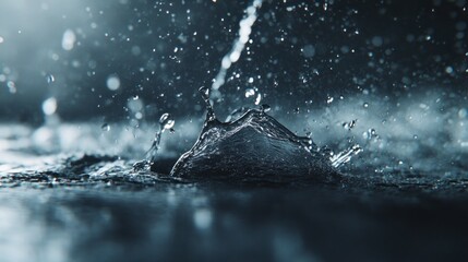 Water droplet impact, splash, crown, dark background.