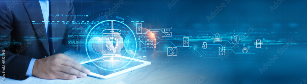 Poster mobile security. businessman holding and using a digital tablet device with advanced encryption tech