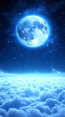 Serene Nightscape A Giant Full Moon Illuminates a Sea of Clouds and Stars