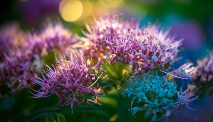 Vibrant close-up of delicate, spiky flowers in purple and teal hues.  Soft, dreamy background with bokeh highlights. Ideal for nature, beauty, and wellness projects.