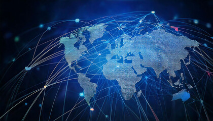 Stunning abstract world map graphic depicting global network connections.  Perfect for illustrating technology, connectivity, globalization, or data visualization concepts.