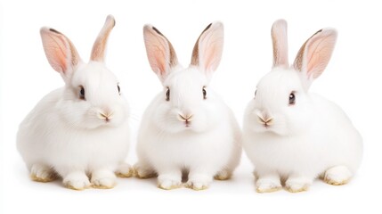 Obraz premium Three Fluffy White Rabbits Sitting Side by Side on White Background