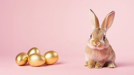 Cute cosy Easter bunny woth basket, flowers and painted eggs. Spring banner with copy space. Funny portrait of pet.