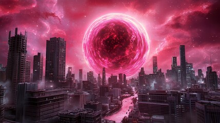 Obraz premium Dystopian Cityscape with Massive Pink Celestial Object Shrouded in Nebula Clouds