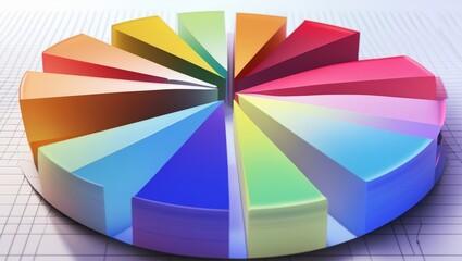 Obraz premium A vibrant pie chart composed of colorful triangular segments, placed on a light background, showcasing a modern aesthetic and creative design elements.