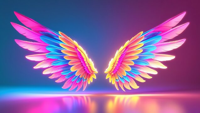 Colorful glowing feather wings with colorful background 