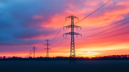 Electricity Flowing Through Rural Power Lines at Dramatic Sunset