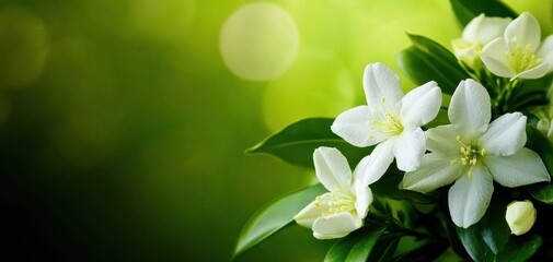 Fototapeta premium Beautiful white flowers with green leaves against a blurred green background, symbolizing nature and tranquility.