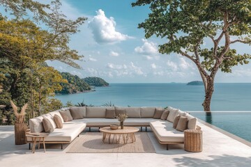 Fototapeta premium Relaxing coastal lounge area overlooking serene ocean view