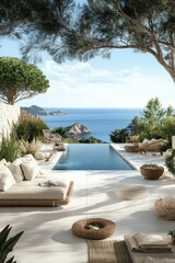 Obraz premium Scenic coastal view from a modern poolside with comfortable seating