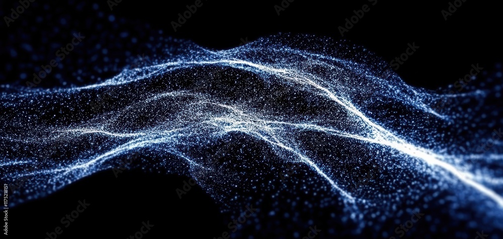 Poster abstract waves of light particles creating a dynamic cosmic effect on a dark background, ideal for f