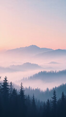 Fototapeta premium Misty Mountain morning light pink purple pastel gradient dreamy atmosphere phone wallpaper background 4k
