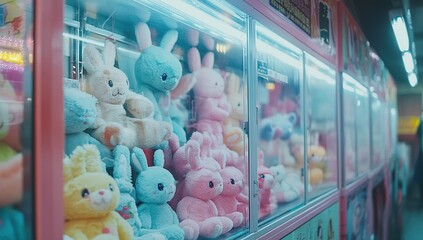 Obraz premium Pastel Paradise: A Row of Claw Machines Filled with Plush Bunnies