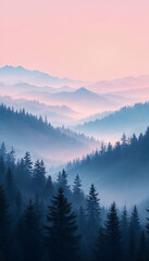 Obraz premium Misty Mountain morning light pink purple pastel gradient dreamy atmosphere phone wallpaper background 4k