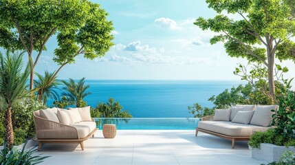 Fototapeta premium Lush coastal terrace with stylish seating overlooking tranquil sea view