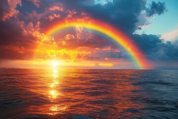 a shimmering pot of gold glows at the end of a vibrant rainbow set against a serene sky with playful clouds enhancing the magical and hopeful atmosphere of the scene