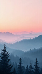 Obraz premium Misty Mountain morning light pink purple pastel gradient dreamy atmosphere phone wallpaper background 4k