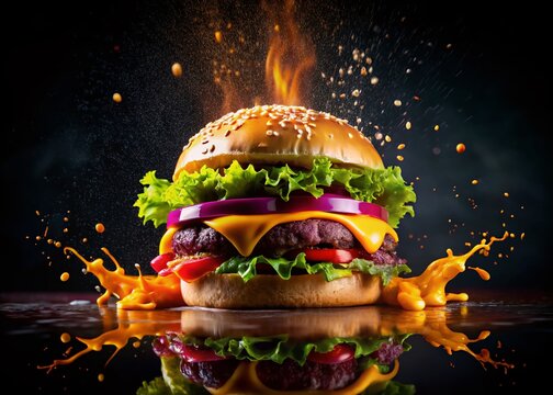 Silhouette of Juicy Cheeseburger with Sauce Splash - Dynamic Floating Food Photography for Advertising