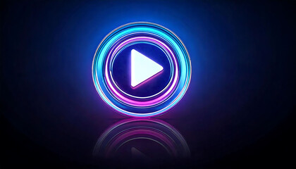Stunning neon play button icon, vibrant blue and purple glow, perfect for digital media, technology, and entertainment projects. High-resolution image with reflective surface.