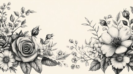 Hand-Drawn Floral Border with Roses, Daisies, and Detailed Leaves Botanical Line Art Borders for Wedding Invitations Hand-Drawn Floral Frames for Printable Stationery Black and White Flower Borders 