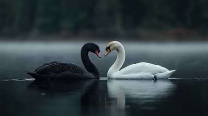 Fototapeta premium Elegant swans share a moment of affection on a misty lake at dawn
