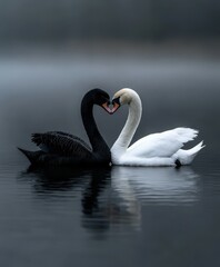 Obraz premium Swans create a heart shape as they connect in a misty lake