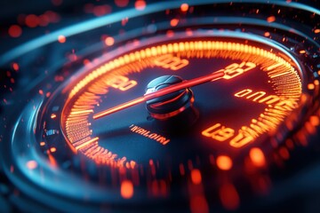 Speedometer displays high velocity in an illuminated dashboard at night