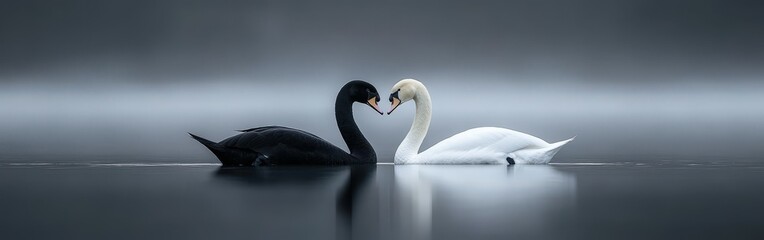 Fototapeta premium Elegant black and white swans creating a heart shape in calm water