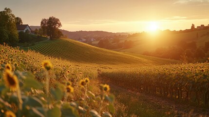 Obraz premium Sunlit Vineyard Landscape With Sunflowers At Sunset