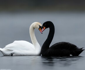 Fototapeta premium Contrast of elegance with black and white swans in tranquil water
