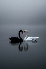 Fototapeta premium Swans in misty lake creating heart shape with their necks
